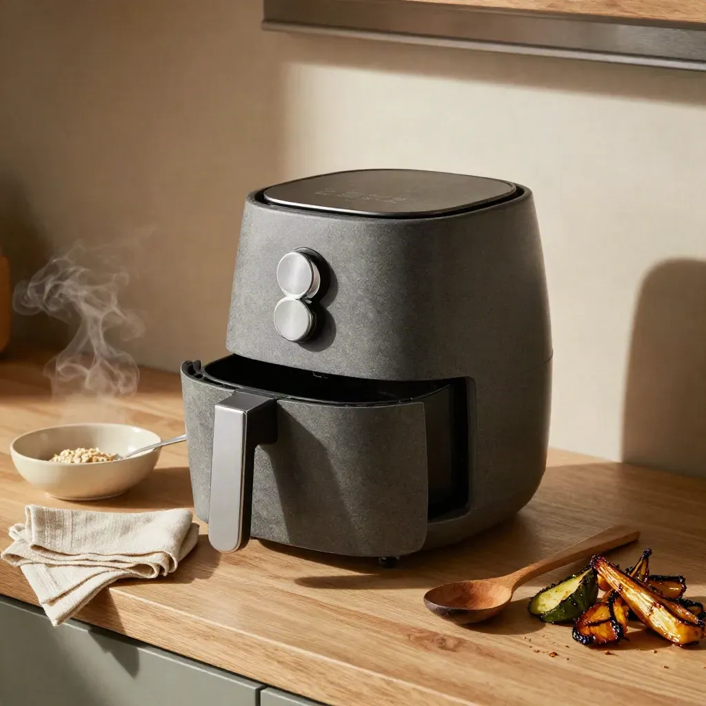 Freidora de aire mate con verduras asadas, vapor y paño de lino en una cocina cálida.