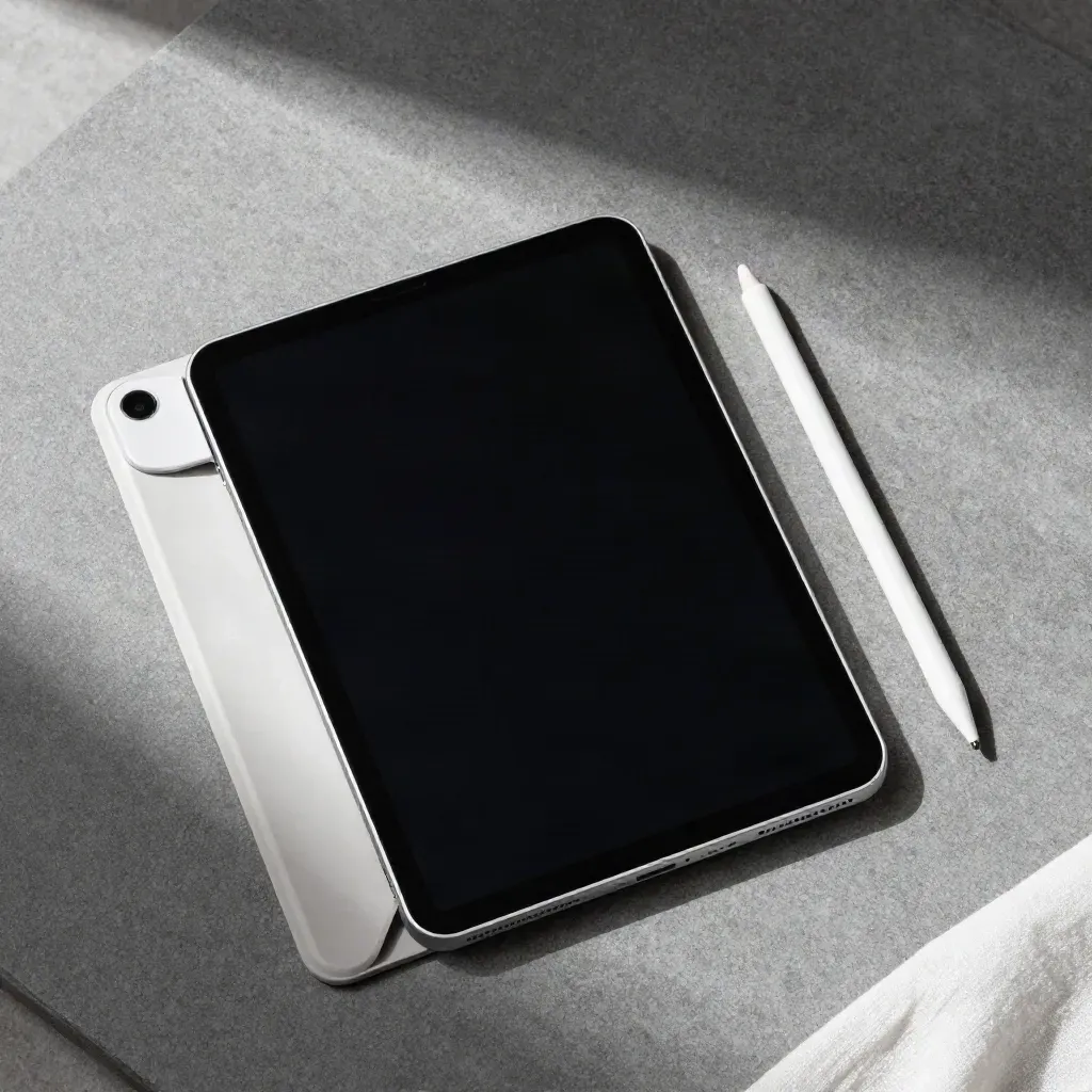 Tablet abierta con stylus y cargador sobre piedra clara, vista cenital y sombra suave.