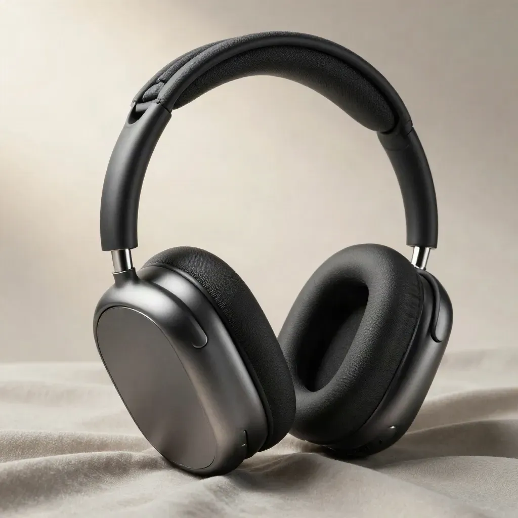 Auriculares ANC negros y grises saliendo de un tejido de punto, en macro con luz rasante.