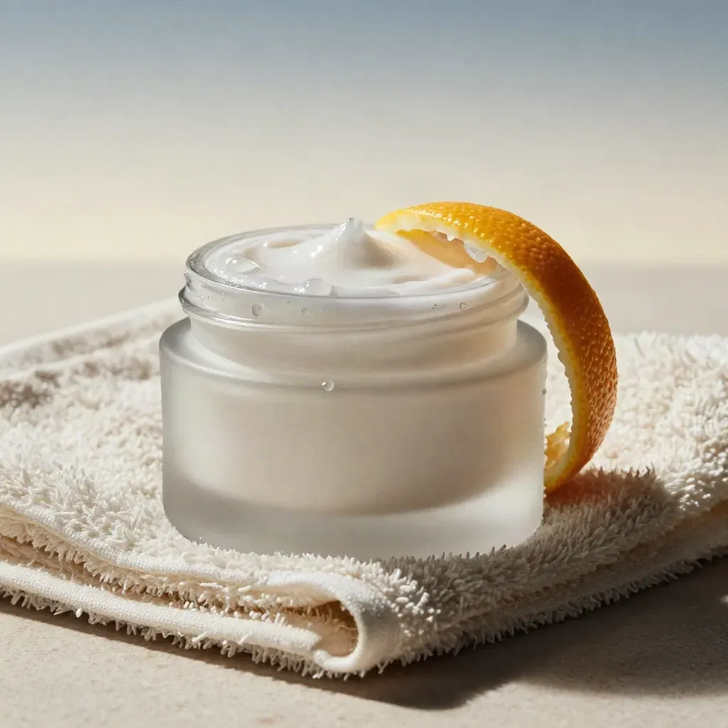 Crema facial en frasco esmerilado sobre toalla crema con una cáscara de cítrico y una gota de sérum.