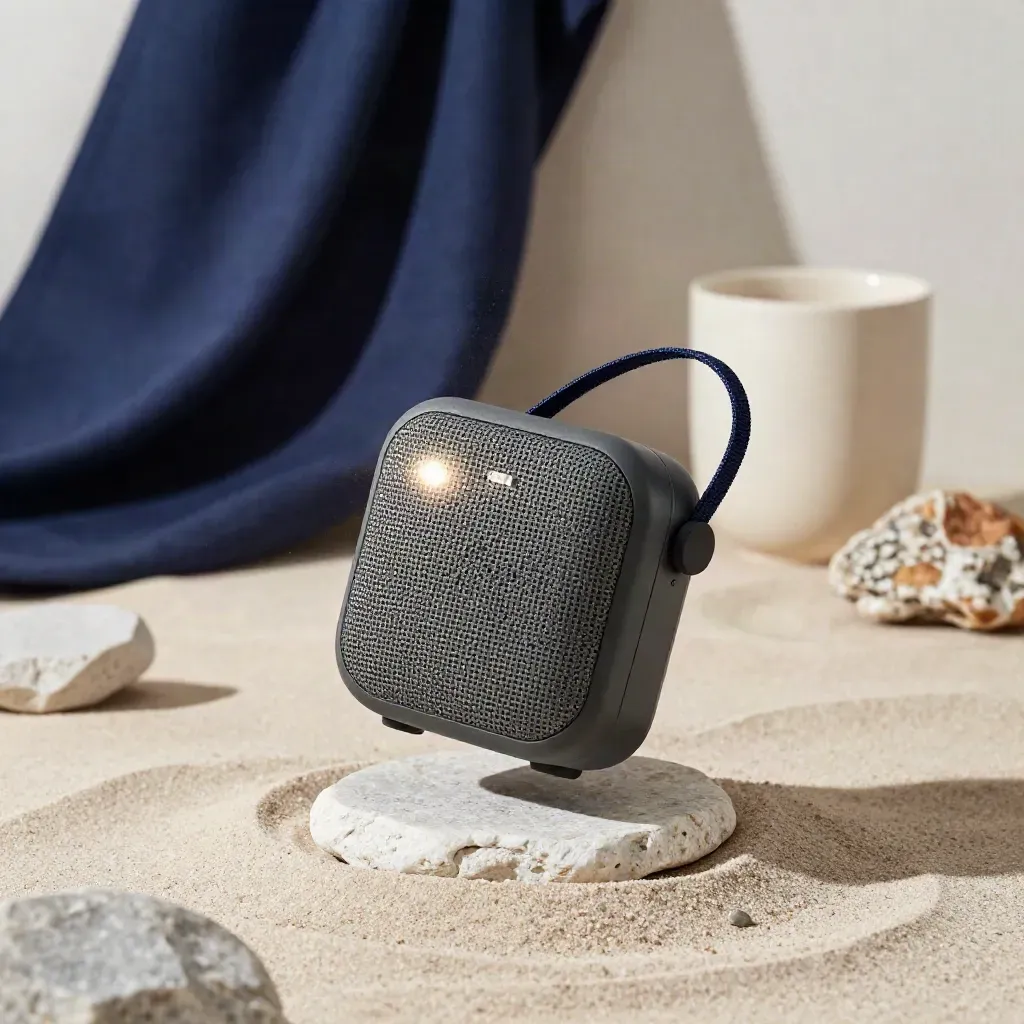 Altavoz Bluetooth mini grafito sobre arena clara con soporte de piedra y luz de estudio