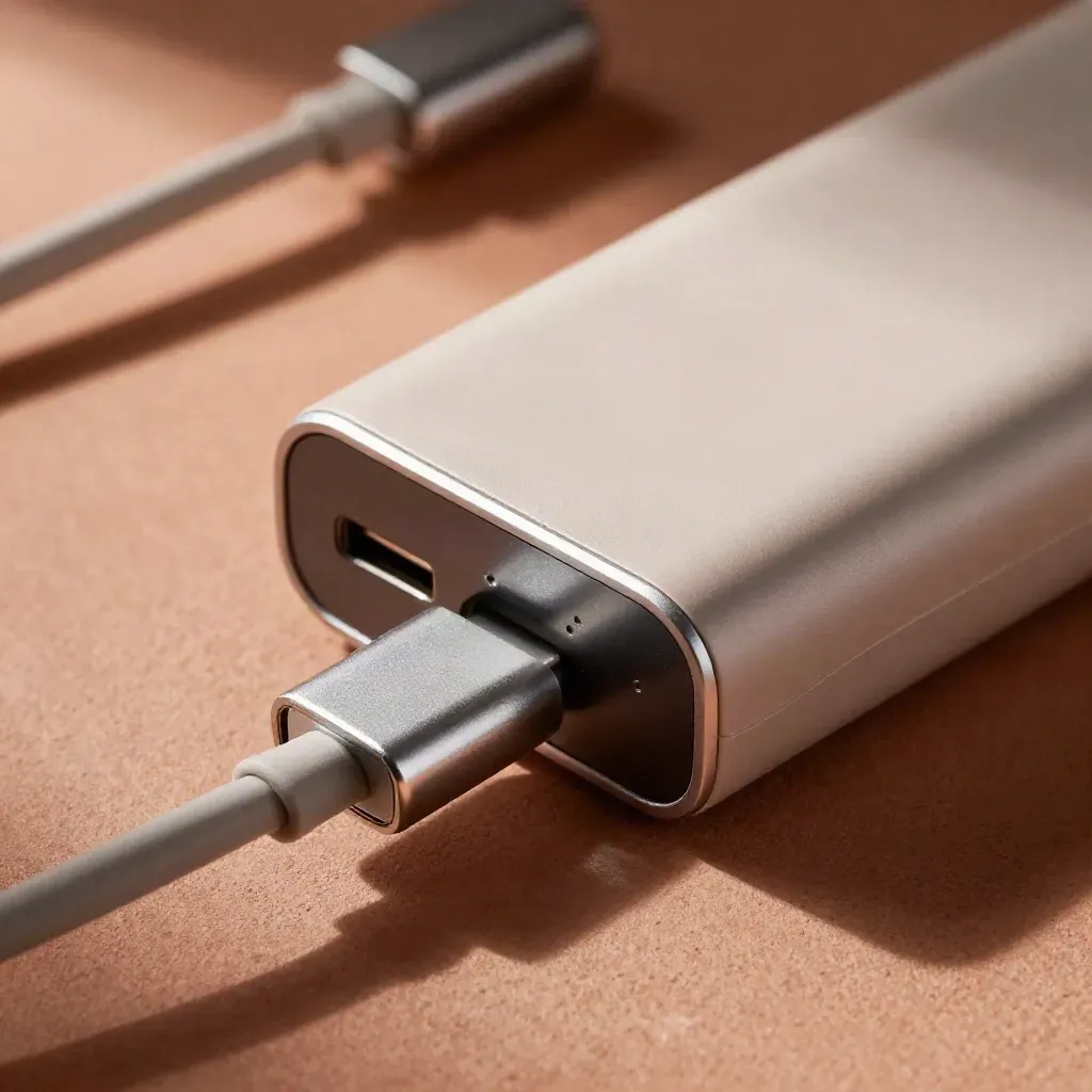 Cargador USB-C y power bank en macro, con cable curvo y luz lateral dura.