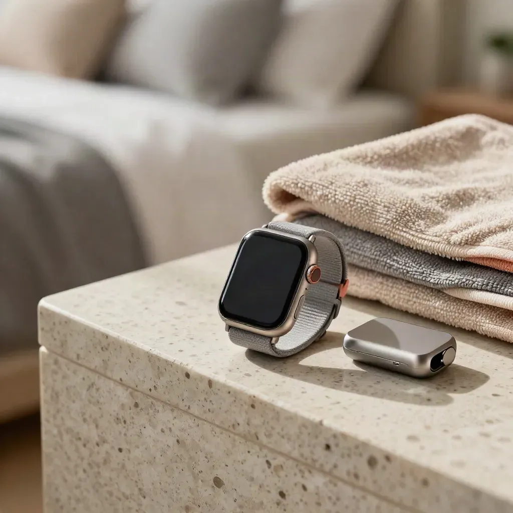 Smartwatch negro sobre piedra junto a toalla de deporte y cargador, con luz suave de amanecer.