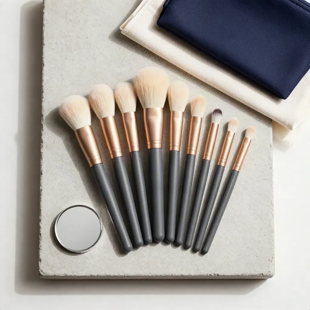 Set de 12 brochas de maquillaje en abanico con espejo compacto y tela de lino sobre piedra clara.