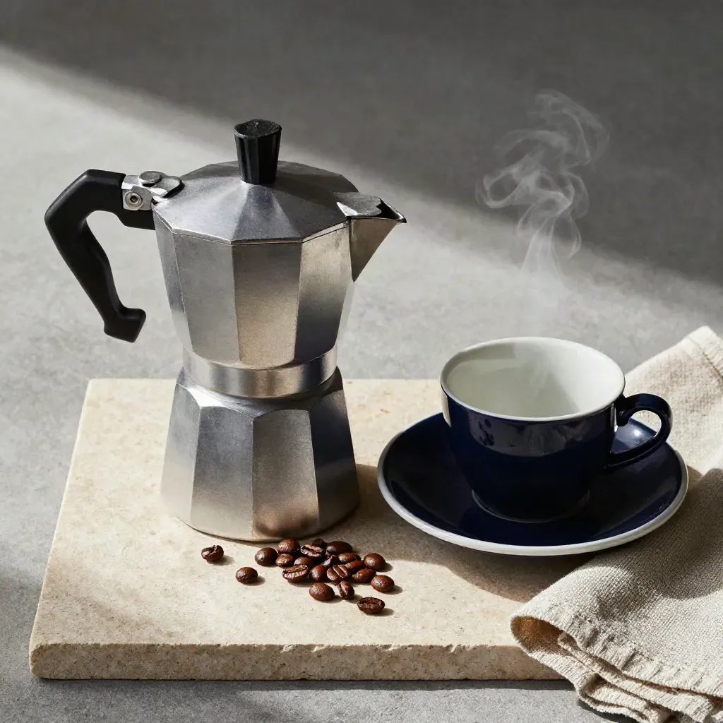 Cafetera italiana de acero con taza, granos y servilleta de lino sobre piedra clara.