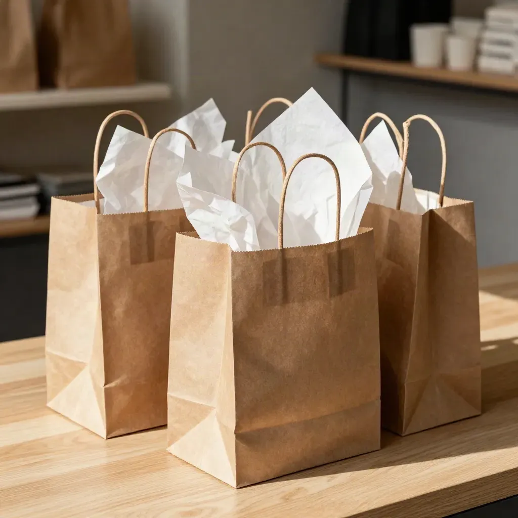 Bolsas de regalo kraft apiladas con papel de seda blanco y cuerda, en un ambiente de empaquetado elegante.
