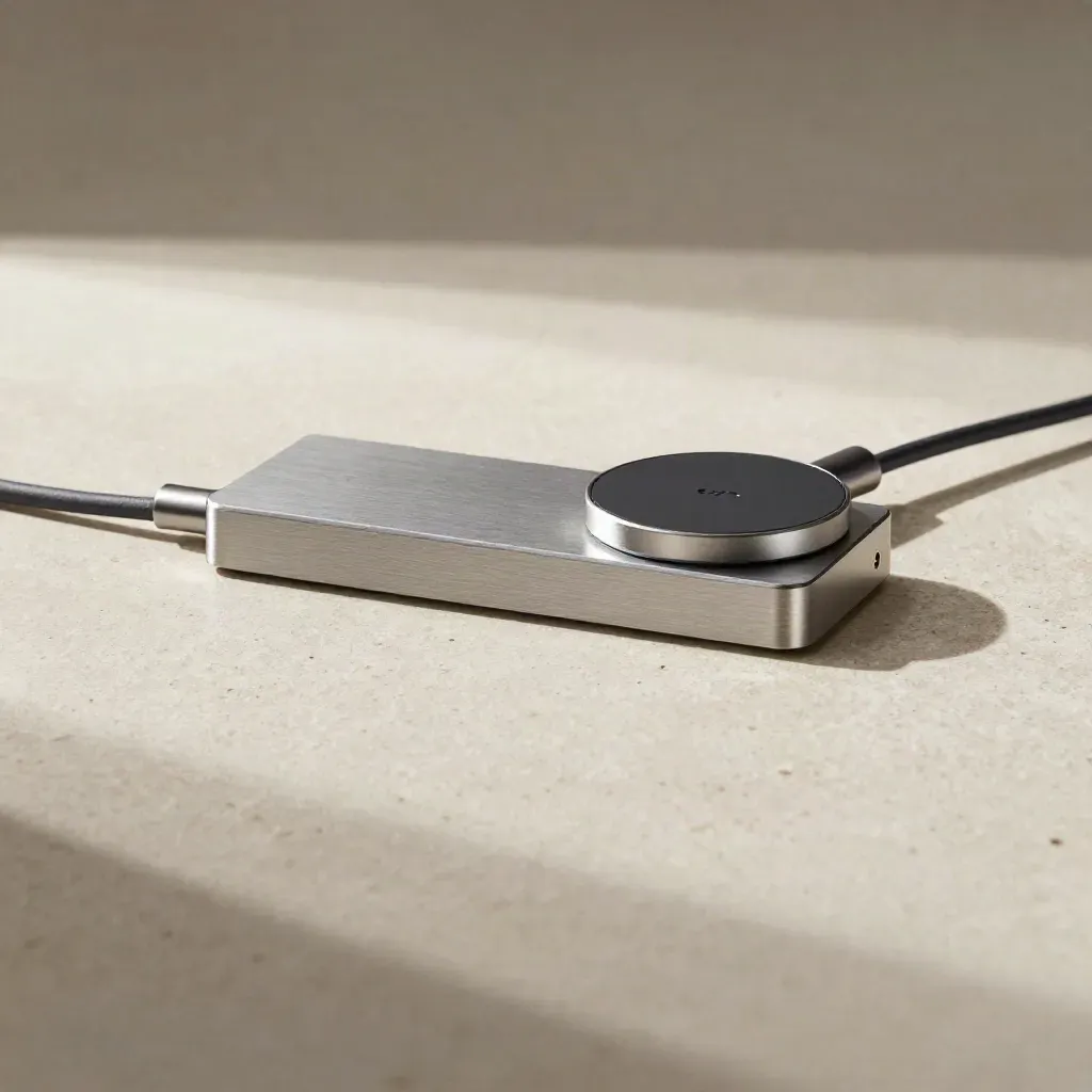 Composición de electrónica sobre travertino: bloque de aluminio, cable y cargador con luz suave.