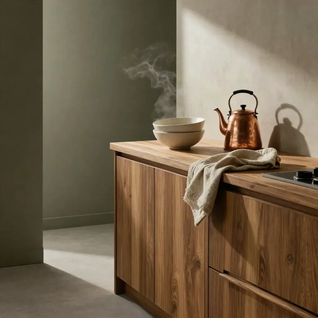 Interior de cocina cálida con cuencos de cerámica, tetera de cobre y luz de sol.