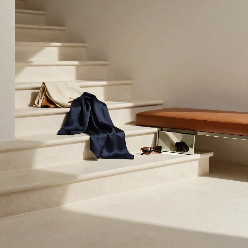 Escalera de boutique luminosa con lino, espejo y accesorios de moda sobre cuero.