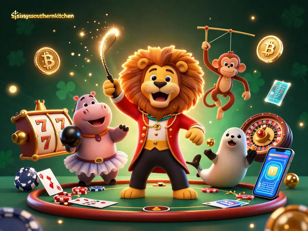 Sissy's Southern Kitchen hosts a vibrant casino scene with a ringmaster lion, hippo, monkey, and seal engaging in thrilling gameplay.