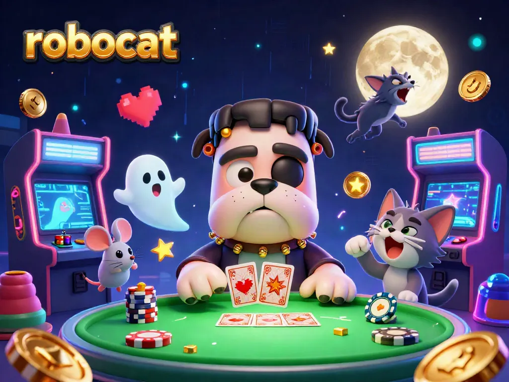 Play exciting games with robocat characters at a vibrant casino scene filled with neon lights.