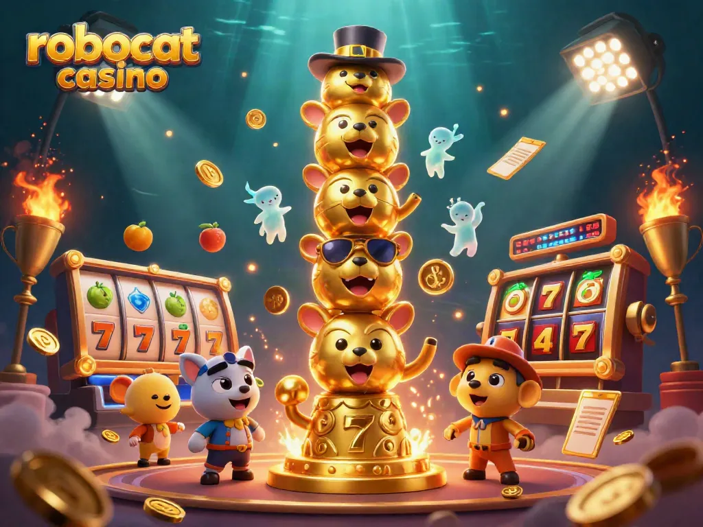 Experience the excitement of robocat casino with vibrant 3D illustrations featuring dynamic game elements.
